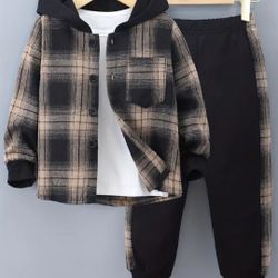 Toddler / Boys 4-5 Hoodie Plaid Shirt Jacket With Matching Jogger Pants