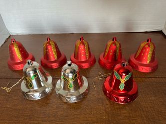 8 Retro Hard Plastic Red & Silver Glitter Stenciled Bell Ornaments