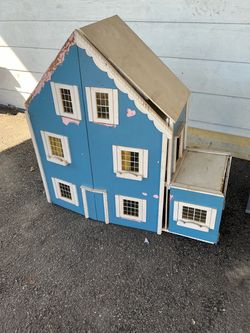 Large Wooden Dollhouse Blue Multi-Story with accessories