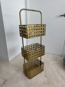 3-Tier Gold Metal Cane-Weave Storage Caddy; Freestanding Basket Organizer