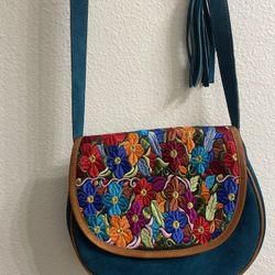 $5 Deep Blue Flower Embroidered Purse -LEATHER-