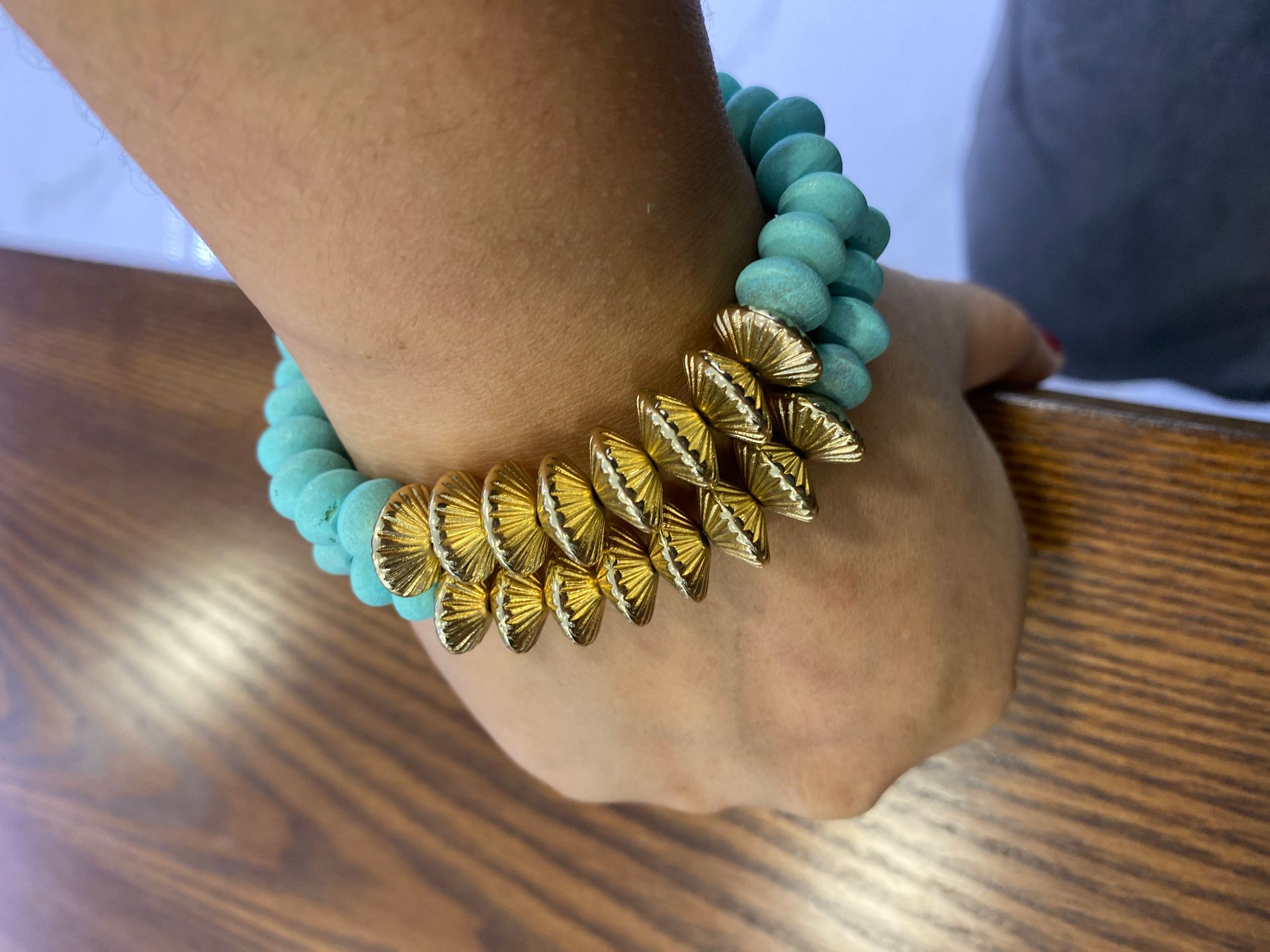 Gold and Turquoise Wooden Bead Bracelet