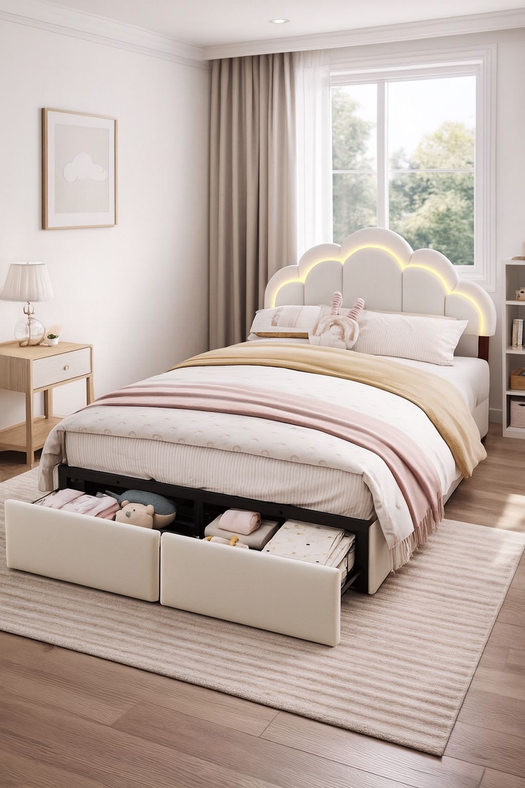 ✨ Full Cloud LED Bed Frame w/ 2 Storage Drawers — Open Box NEW