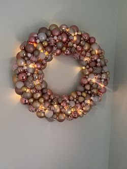 Handmade 23” Rose Gold & Champagne Ornament Wreath – Extra Full – LED Lighted Holiday Decor