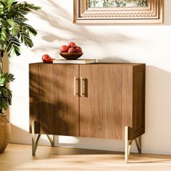 Sideboard Buffet Cabinet with Storage, Credenza for Living Room, Entertainment Center with Doors, Walnut Media Console, Gold Legs