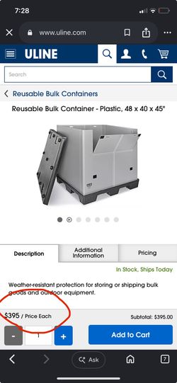 ULINE Reusable Plastic Bulk Container / Pallet Box (48" x 40" x 45")