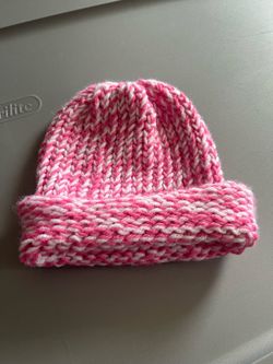 Handmade pink and white knit beanie