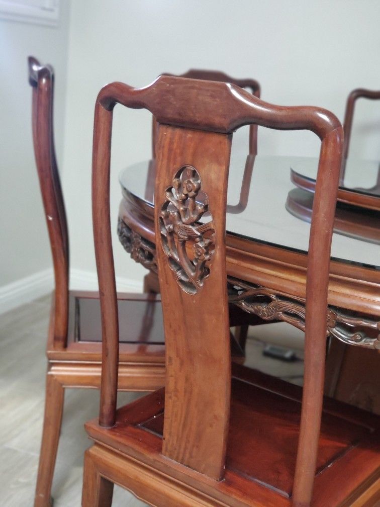 Dark Cherry Rosewood Flower and Bird Round Oriental Dining Set with 8 Chairs