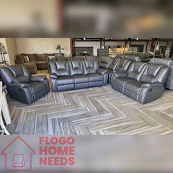 3Pc Gray Manual recliner sofa set