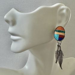 Sterling Silver  Multi Stone Inlay  Dangling feathers  vintage Earrings