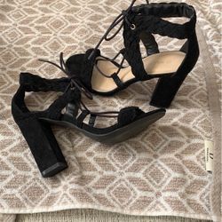  Black Lace Up Block High Heeled Sandal 