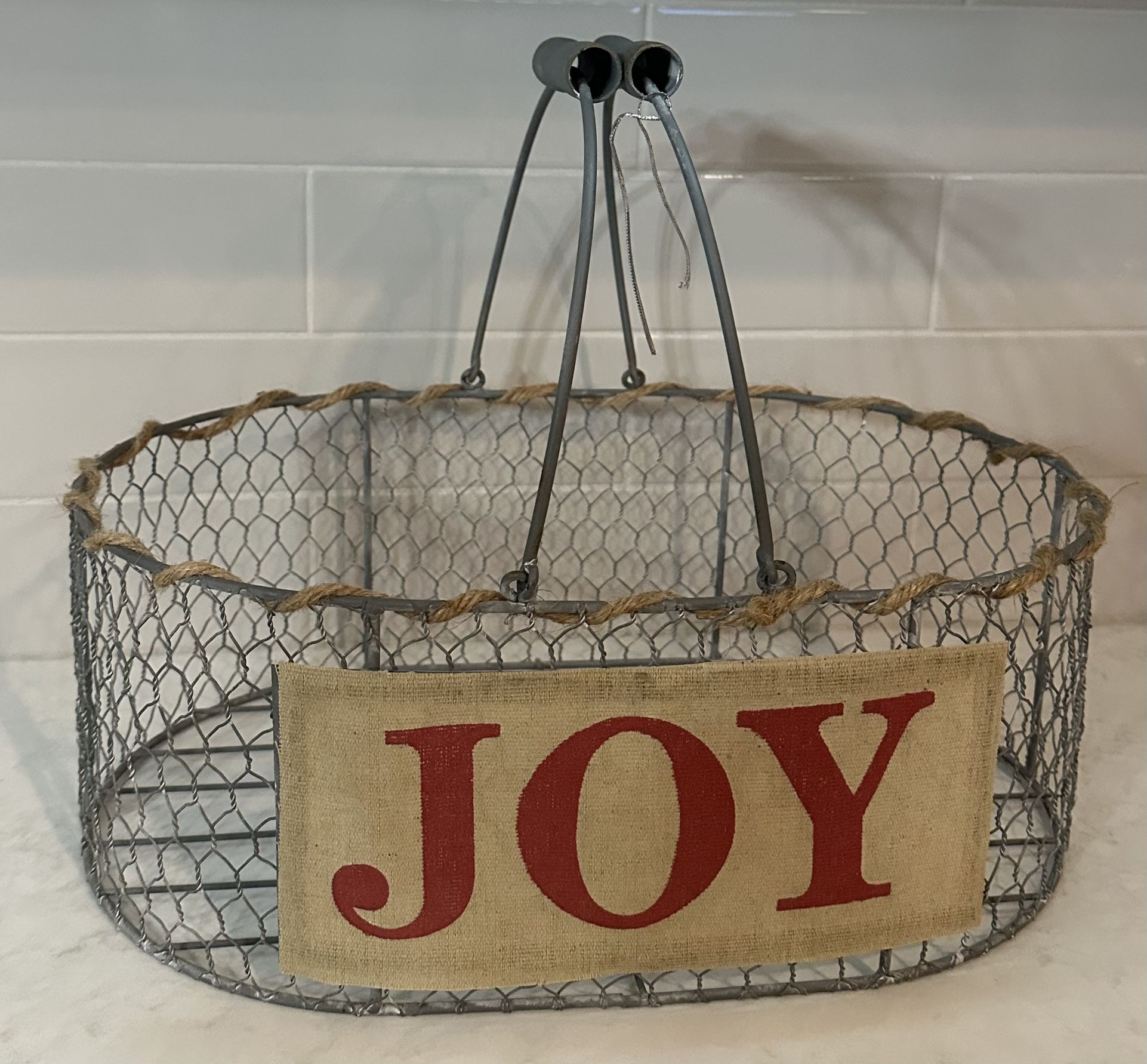 Holiday Christmas Basket “JOY” Wire and Burlap