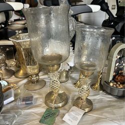 Gold Pineapple Hurricane Candle Holders with Clear Glass - Home Accents Set of 2