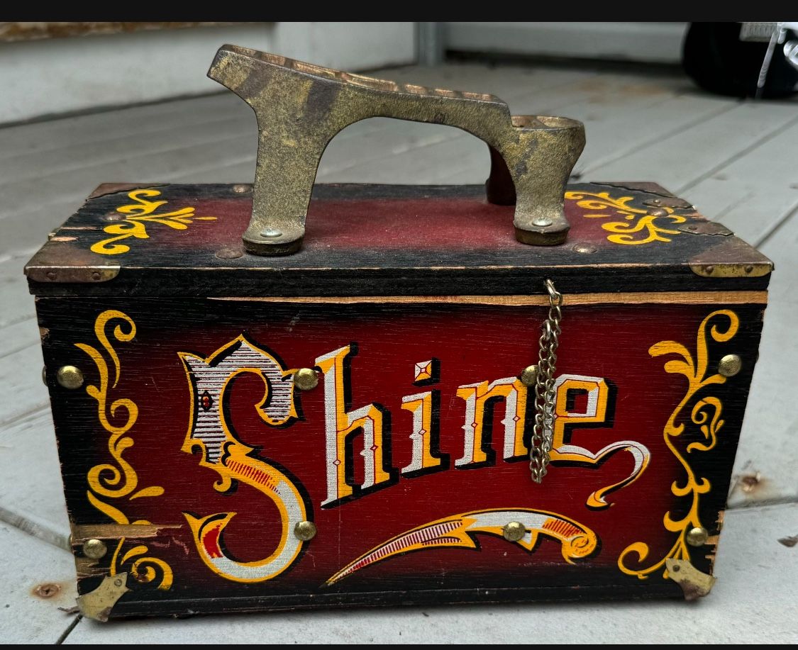 Vintage Shoe Shine Box with Brass Shoe Stand, 5 Cent Carnival Style Box