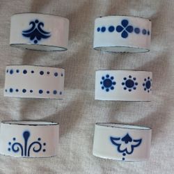 6 IKEA Metal Enamel Blue & White Napkin Rings