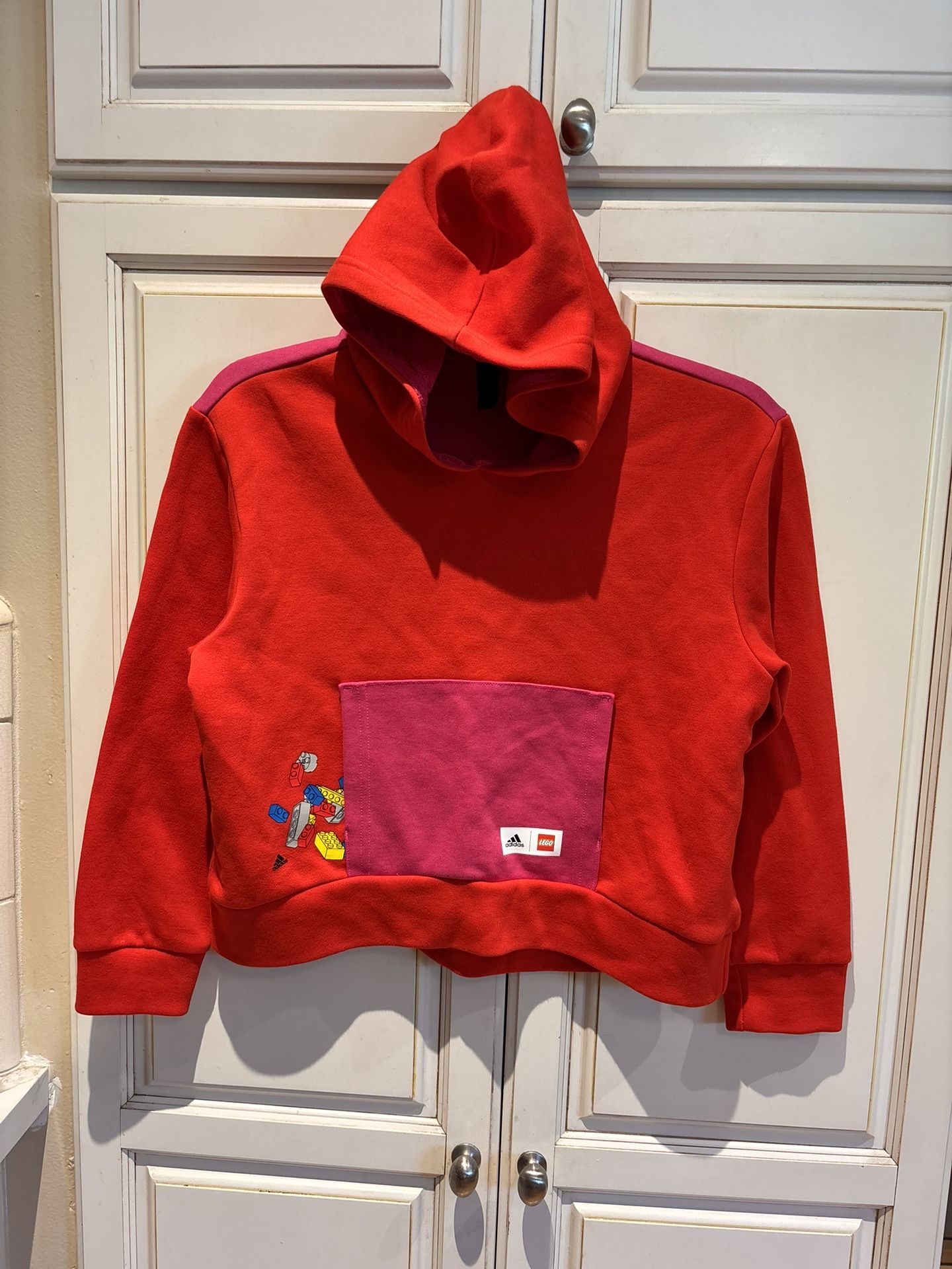 Adidas x Lego size M girl top hoodie red and pink  front pocket and hood 
