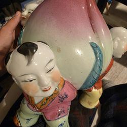 Vintage Chinese Porcelain Figurine Family Rose Three Children Carrying Peach