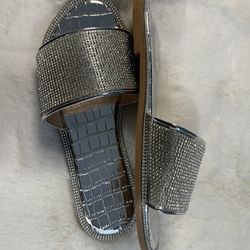 Silver Sandals with rhinestones across top