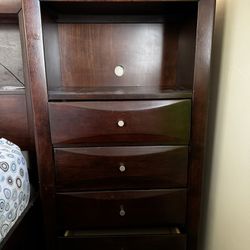 Brown Wood Four Drawer Tower Dresser with Display Shelf