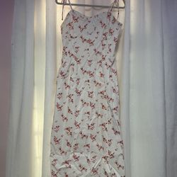 Long White Dress With Red;pink Flowers