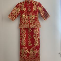 New 2pc Red Traditional Chinese Wedding Dress Qun Kua Gold Sequin Dragon Phoenix