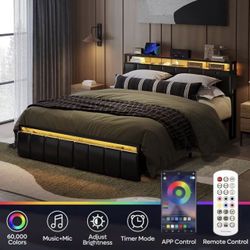 King Size Platform Bed with Storage Drawers and LED Headboard with Charging Station black $180