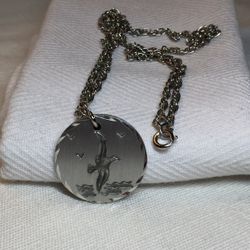 Vintage Artisan Hand Etched Diamond Cut Pewter Birds In Flight Round Pendant Necklace    