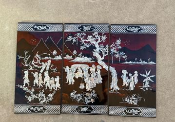 Vintage Asian Wall Art with Mother of Pearl Laquer Wall Art.  3 Panels