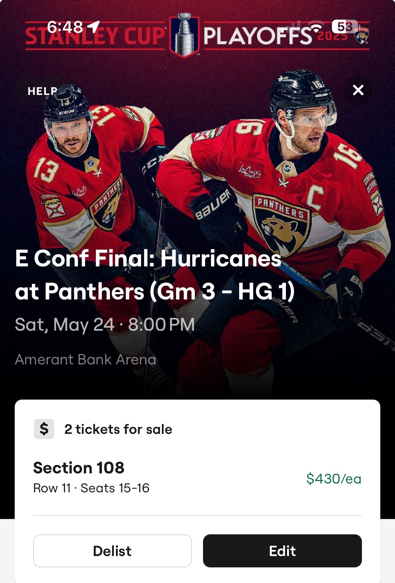 Florida Panthers vs Carolina Game 3 ECF Row 11