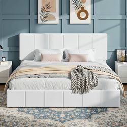 King Size Bed Frame, Velvet Upholstered Platform Bed, White Vertical Channel Tufted Adjustable Headboard, Low Profile Bed Frame, No Box Spring Needed,