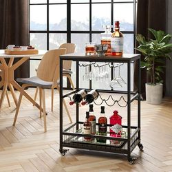 Bar Cart Mobile Wine Cart, Wine Rack Bar Table with Glass Holder Kitchen Serving Cart, Dark Brown