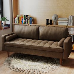 Matheny 70' Mid-Century Modern Faux Leather Sofa Loveseat with Solid Wood Frame, Two Pillows