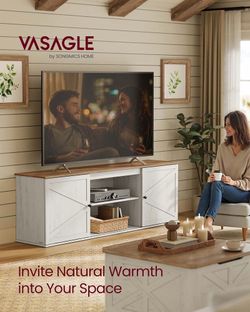 Farmhouse TV Stand for 80'' TV, Media Console, Sliding Barn Doors Entertainment Center with Storage Cabinets, for Living Room, Rustic White and Honey 