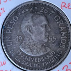 🇩🇴🇩🇴 1955 Dominican Republic 1 peso Trujillo Era Regime Vintage Silver Coin  Low Mintage!!!