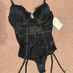New large black lace bodysuit lingerie garter bra  goth gothic stretchy