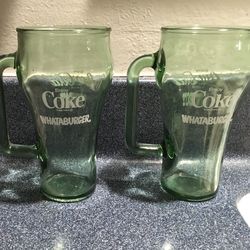 VINTAGE 1980s COCA COLA COWBOY WHATABURGER GREEN GLASS HANDLED MUG $35FOR THE PAIR OR BEST OFFER