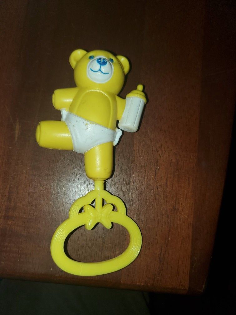1960's Yellow Teddy Bear Baby Rattle