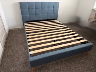 Queen Upholstered Bed Frame + Headboard, Like New, No Box Spring Needed