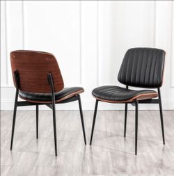 Set of 2 Mid-Century Modern Dining Chairs – Black Faux Leather & Walnut Finish – Brand New