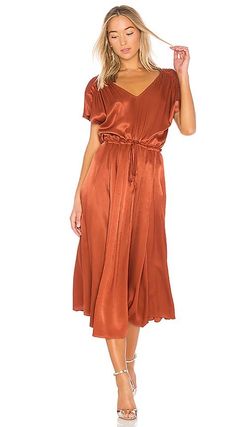 Free People Love & Feeling Rust Orange V-Neck Drawstring Waist Midi Dress Small