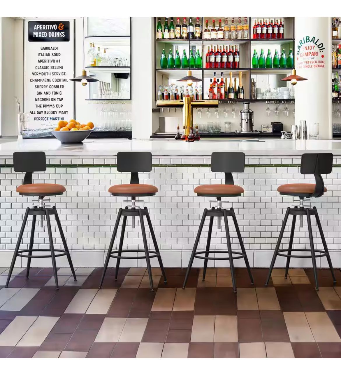 26"to 38"Leonardo Adjustable Height Caramel Brown Leather Fabric Cushion Metal Black Leg Swivel Bar Stool Chair(4-Pack)