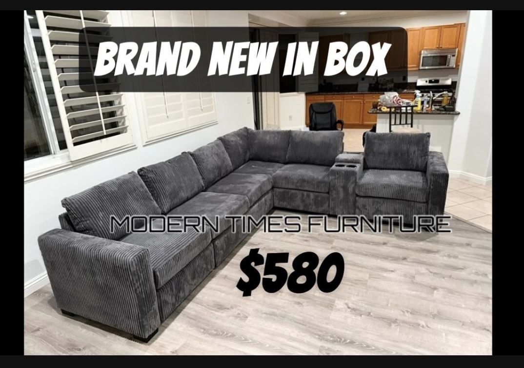 One-Arm Loveseat x 2 + Corner Wedge + Armless Chair + Console W/USB & Cup Holders