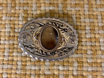 Vintage Western Oval Belt Buckle with Brown Stone Center