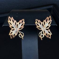 14k two tone rose and white solid gold butterfly flower latch back earnings