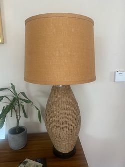Woven Rattan Table Lamp with Burlap Shade