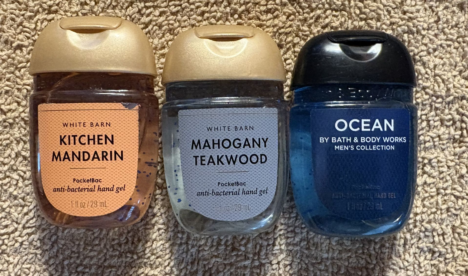 Hand Gel (3) 1 fl oz Kitchen Mandarin, Mahogany Teakwood, Ocean*New