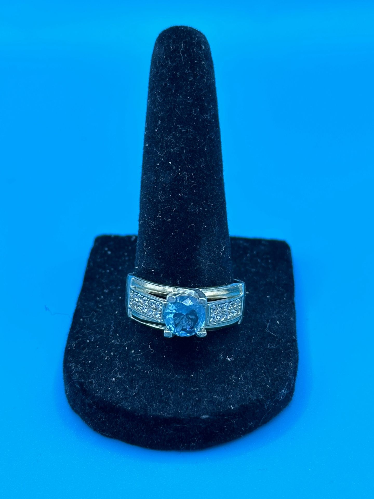 Men’s Aquamarine CZ Sterling Silver Gold Overlay Prong Set Size 9.5 & 3.44 Grams Great Condition