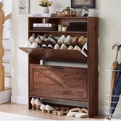 Brown Shoe Storage Cabinet with 2 Flip Drawers