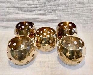 Vintage Set Of 5 Pierced Star Cut Out Brass Sphere Candle Holders Mid Century Modern Boho Wedding Halloween Decor