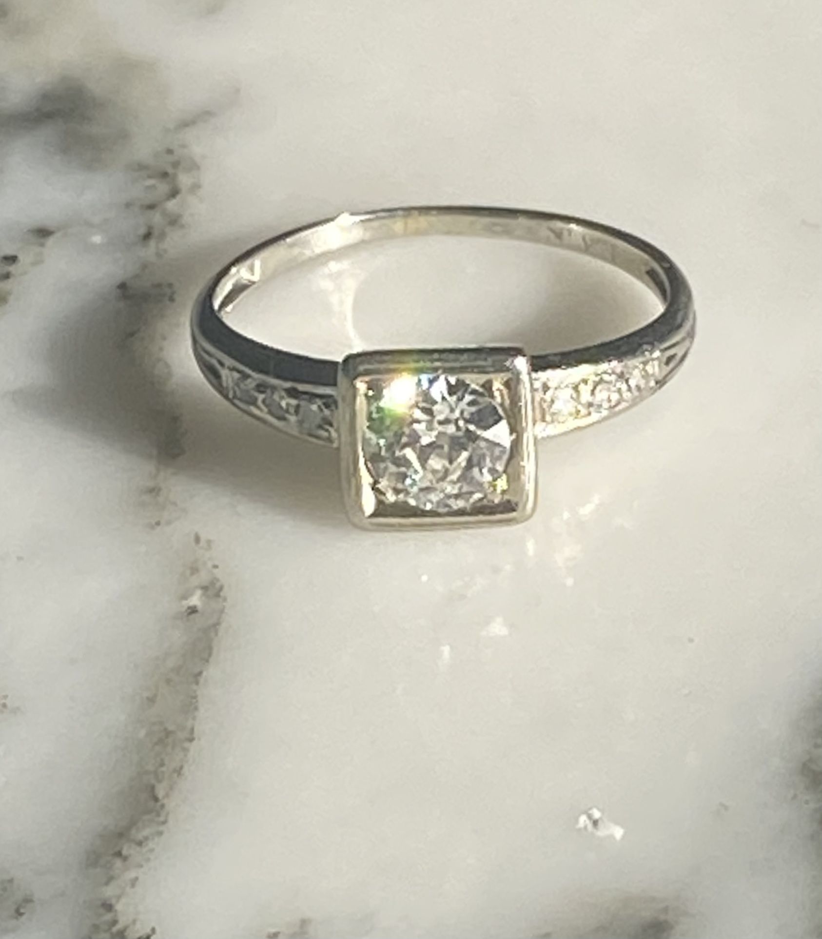 Vintage Diamond Ring .53ct With 6 Accent Diamonds 18k White Gold